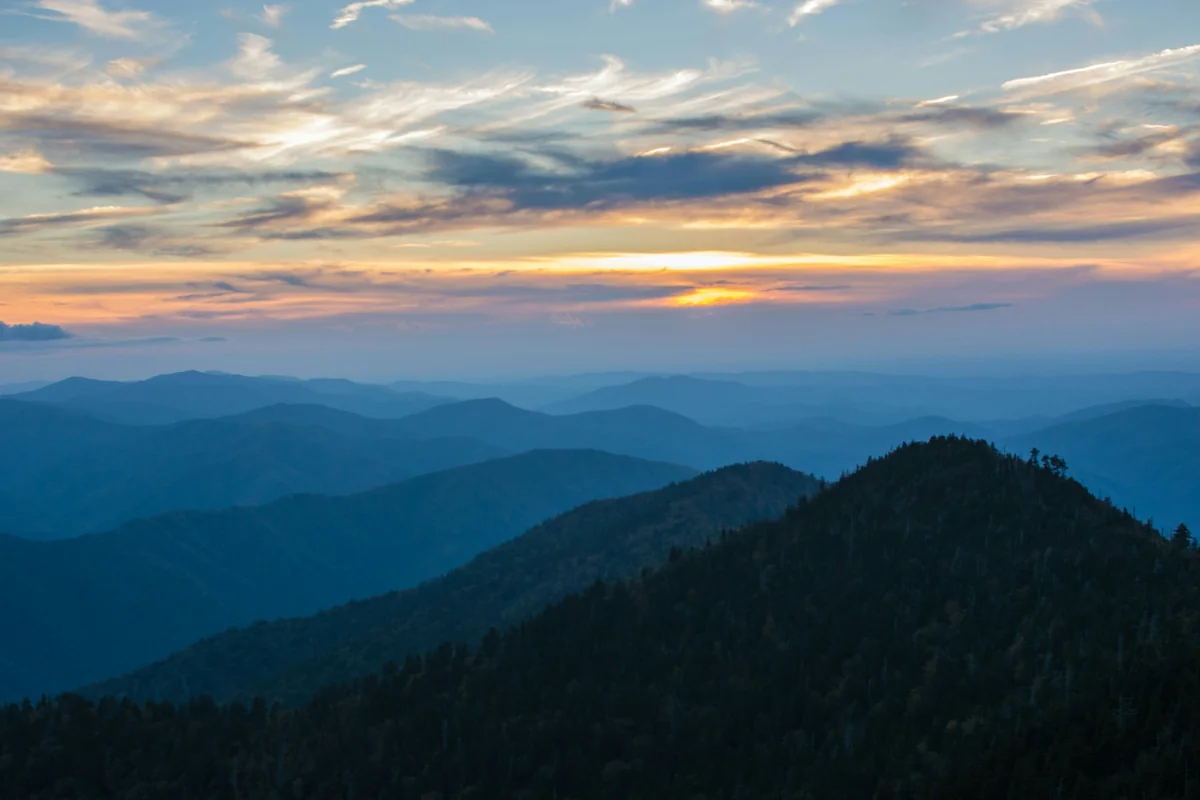 Layered blue ridgelines in the Great Smoky Mountains at sunset.